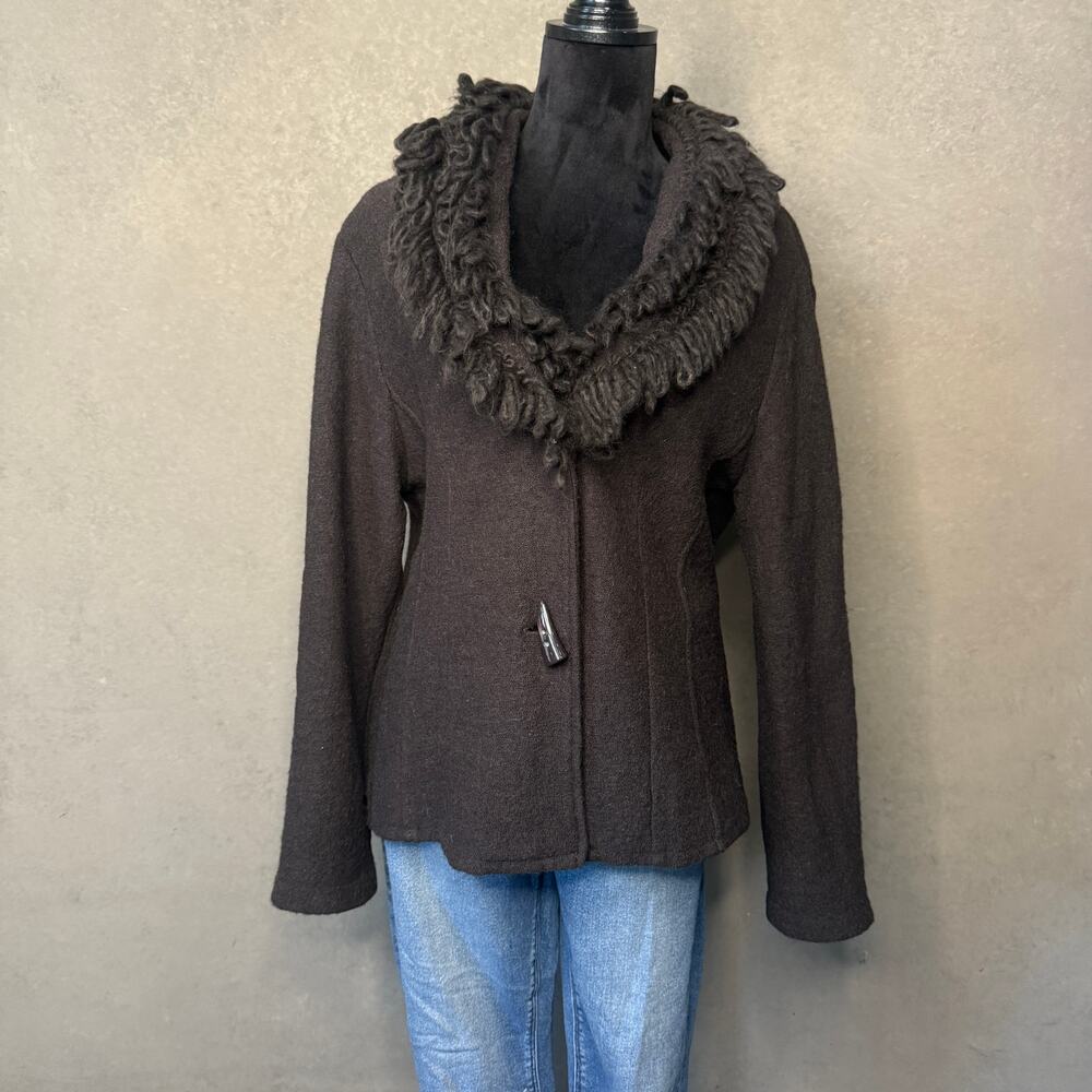 A Giannetti 100% Boiled Wool Jacket Dark Brown Curly Collar Trim Size Medium